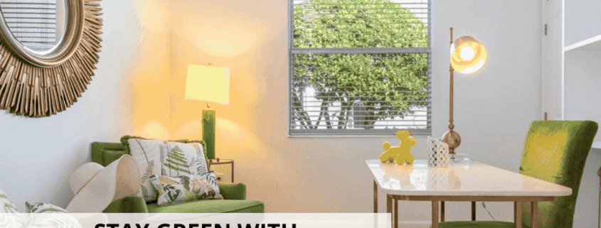 picture of office at rental home with the caption 'Stay green with sustainable vacationing!'